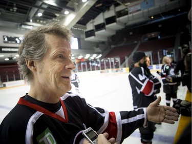 Blue Rodeo's Jim Cuddy spoke to media while Canadian music celebrities and hockey stars came together at TD Place arena Thursday March 30, 2017 for a practice a day before the big Juno Cup hockey game.