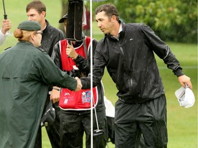 Brock Mackenzie is congratulated by a Canadian Forces member after completing his final round last year at Hylands. He subsequently won a three-way, seven-hole playoff.  Julie Oliver/Postmedia