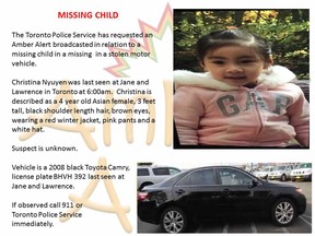 Missing 4 yr/old Asian female last seen in black 2008 Toyota Camry-Jane & Lawrence. Wearing red coat, pink pants & white hat.