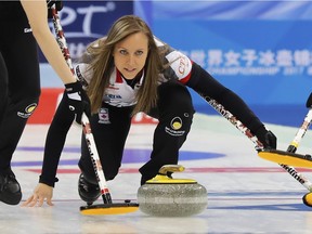 Canada's Rachel Homan watches after releasing the stone during the CPT World Women's Curling Championship 2017 final match against Russia at the Capital Gymnasium in Beijing, Sunday, March 26, 2017. Canada defeated Russia 8-3 in the final.