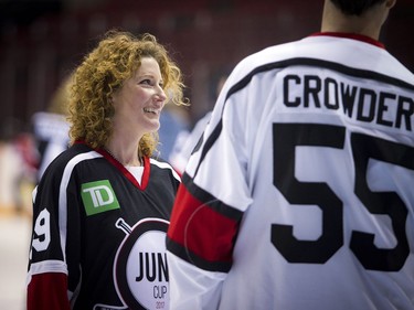 Canadian music celebrities and some hockey stars came together at TD Place arena Thursday March 30, 2017 for a practice a day before the big Juno Cup hockey game. Kathleen Edwards has a chat with Troy Crowder.