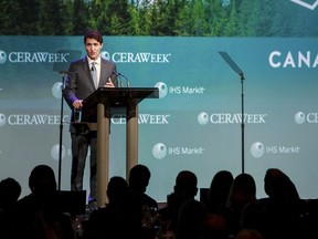 Canadian Prime Minister Justin Trudeau speaks at the annual CERAWeek conference in Houston on Thursday, March 9, 2017. (Gary Fountain/Houston Chronicle via AP) ORG XMIT: TXHOU102