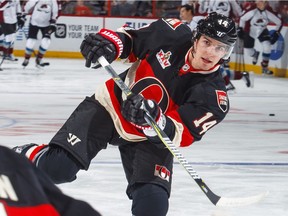 Alex Burrows takes a shot during the warmup prior to making his debut with the Ottawa Senators against Colorado at the Canadian Tire Centre on Thursday, March 2, 2017.