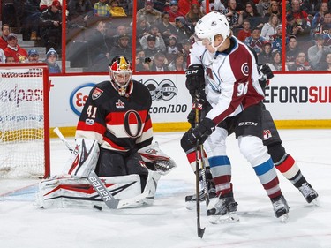 OTTAWA, CANADA - MARCH 2: Craig Anderson #41 of the Ottawa Senators makes a save against Mikko Rantanen #96 of the Colorado Avalanche during an NHL game at Canadian Tire Centre on March 2, 2017 in Ottawa, Ontario, Canada.