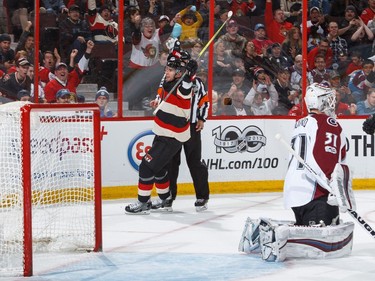 Alexandre Burrows #14 of the Ottawa Senators celebrates his second period goal against Calvin Pickard #31 of the Colorado Avalanche during an NHL game at Canadian Tire Centre on March 2, 2017 in Ottawa, Ontario, Canada.