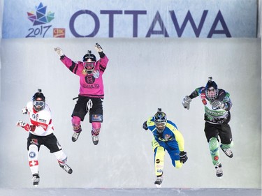 Competitors skate in the men's semifinals of the Red Bull Crashed Ice World Championship at the Rideau Canal Locks on Saturday, March 4, 2017, in Ottawa.