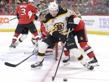 Boston Bruins' Riley Nash (20) makes his way around the net as Ottawa Senators goaltender Craig Anderson (41) looks on during first period NHL hockey action in Ottawa, Monday March 6, 2017.