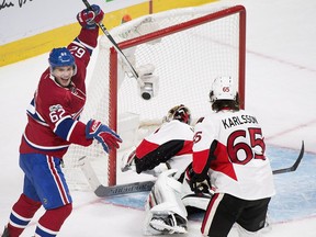 Montreal's Artturi Lehkonen (62) celebrates a goal by Nathan Beaulieu (not shown) in the third period, but Ottawa's Craig Anderrson and Erik Karlsson definitely aren't.