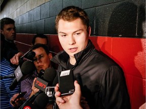 Curtis Lazar speaks with the media after he was traded from the Senators to the Flames on Wednesday. Errol McGihon/Postmedia