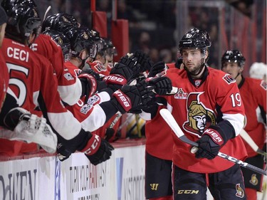 Ottawa Senators' Derick Brassard (19) celebrates his goal against the Boston Bruins during first period NHL hockey action in Ottawa, Monday March 6, 2017.