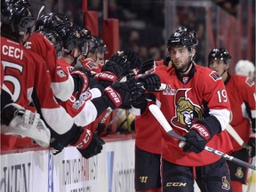 Senators centre Derick Brassard (19) celebrates his goal against the Bruins during the first period of Monday's game at Canadian Tire Centre.