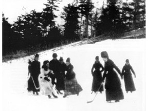 Earliest known photograph of women playing hockey, taken at Rideau Hall, Ottawa, circa 1890. Lady Isobel Stanley, Lord Stanley's daughter, is wearing an ankle-length white dress on the Rideau Hall rink.  She became one of the sirs women photographed playing shinny. Source: Proud past, bright future : one hundred years of Canadian women's hockey by Brian McFarlane.