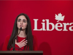 Emmanuella Lambropoulos reacts after winning the Liberal party nomination for the riding of Saint-Laurent in Montreal, Wednesday, March 8, 2017.