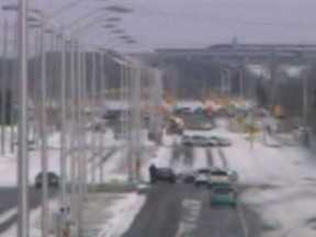 Fallowfield Road is blocked by a utility pole that was struck by a car.