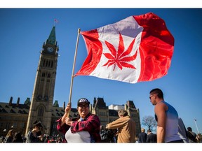 This photo from April 20, 2016 shows a group of legal-marijuana backers celebrating National Marijuana Day on Parliament Hill.