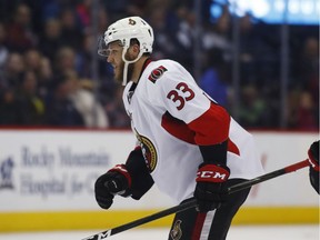 Senators defenceman Fredrik Claesson reacts after scoring a goal against Colorado during a March 11 game at Denver.