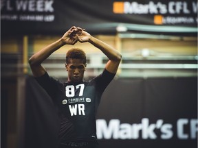 Receiver Malcolm Carter, who played with the Ottawa Sooners junior team in 2016, participates in the 2017 CFL Draft Combine at Regina on Friday. Johany Jutras/CFL