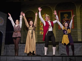 Georgia Gibbons (L), performs as Minstrel, Hannah El-Emam (2ndFL), performs as Lady Larken, Matthew McGuire (2ndFR), performs as King Sextimus, Maria Garcia (R), performs as Jester, during Colonel By Secondary School's Cappies production of Once Upon A Mattress, on March 3, 2017, in Ottawa, ON.