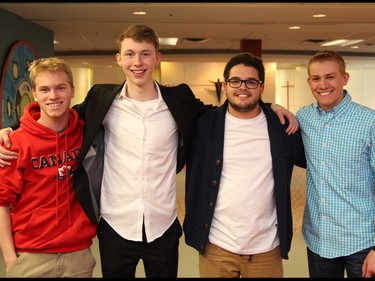 Outgoing Student Trustees Benjamin McLellan-Campbell and Mark Penner welcome next year's 2016-2017 Student Trustees Sam Morency and Sebastian Chavez. (From left to right: Benjamin, Sam, Sebastian, Mark)