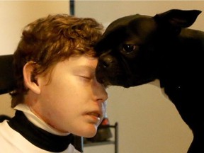 Jonathan Pitre with his Boston terrier, Gibson.