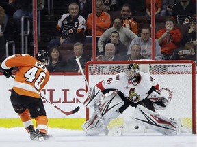 Philadelphia's Jordan Weal scores against Ottawa netminder Craig Anderson in the shootout, and his goal stood up as the winner for the Flyers at Wells Fargo Center on Tuesday.