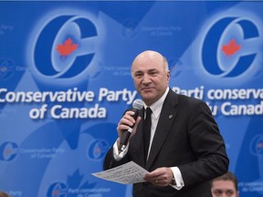 Conservative leadership candidate Kevin O'Leary addresses a Conservative Party leadership debate Monday, February 13, 2017 in Montreal.