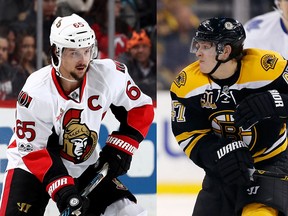 Ottawa Senators' Erik Karlsson and Boston Bruins' Torey Krug.