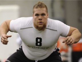 Five days into training camp, Mathieu Dupuis, seen before running a drill at the 2017 CFL Draft Combine, feels blessed to be a CFLer.