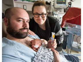 New parents Ryan and Victoria Spofford with Teddy, who was born at 30 weeks just two weeks ago.