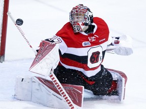 67's goalie Leo Lazarev blocked 32 of 35 shots by the Bulldogs on Sunday in Hamilton. Clifford Skarstedt/Postmedia Network