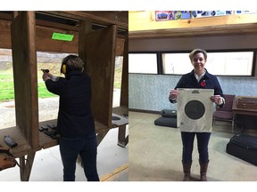 Facebook photo of Kelly Leitch with gun and target at a range.