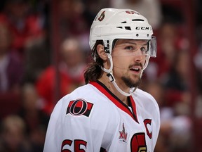 Erik Karlsson #65 of the Ottawa Senators awaits a face off during the first period of the NHL game against the Arizona Coyotes at Gila River Arena on March 9, 2017 in Glendale, Arizona.