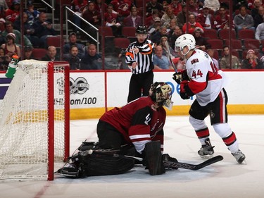 Jean-Gabriel Pageau #44 of the Ottawa Senators scores a goal past goaltender Mike Smith #41 of the Arizona Coyotes during the second period of the NHL game at Gila River Arena on March 9, 2017 in Glendale, Arizona.
