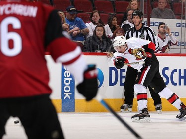 Cody Ceci #5 of the Ottawa Senators breaks his stick as he shoot the puck against the Arizona Coyotes during the second period of the NHL game at Gila River Arena on March 9, 2017 in Glendale, Arizona.