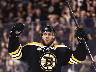 BOSTON, MA - MARCH 21: David Krejci #46 of the Boston Bruins reacts after scoring against the Ottawa Senators during the first period at TD Garden on March 21, 2017 in Boston, Massachusetts.