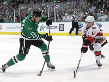 DALLAS, TX - MARCH 08:  Ales Hemsky #83 of the Dallas Stars takes a shot in front of Chris Wideman #6 of the Ottawa Senators in the first period at American Airlines Center on March 8, 2017 in Dallas, Texas.