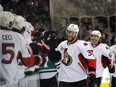 Fredrik Claesson #33 of the Ottawa Senators celebrtes a goal against the Dallas Stars in the first period at American Airlines Center on March 8, 2017 in Dallas, Texas.