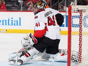 Goalie Craig Anderson #41 of the Ottawa Senators makes a save against the New Jersey Devils in the second period of an NHL hockey game at Prudential Center on February 21, 2017 in Newark, New Jersey.