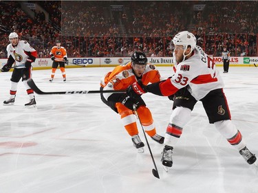 PHILADELPHIA, PA - MARCH 28: Fredrik Claesson #33 of the Ottawa Senators takes the first period shot against the Philadelphia Flyers at the Wells Fargo Center on March 28, 2017 in Philadelphia, Pennsylvania.