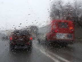 Rain covered windshields.