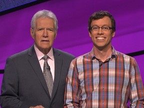 Alex Trebek (L) and Grant McSheffrey on Jeopardy!. Photo from McSheffrey's Twitter page.