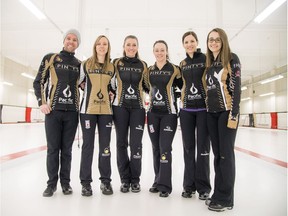 Posing for photos during Team Homan's open practice at the Ottawa Curling Club on Saturday are, left to right, coach Adam Kingsbury, Rachel Homan, Emma Miskew, 
Joanne Courtney, Lisa Weagle and alternate Cheryl Kreviazuk.   Ashley Fraser/Postmedia