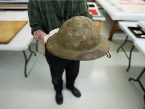 The helmet that was worn by Capt. Thain MacDowell, a company commander at Vimy. He led the 38th battalion up the ridge, reaching the summit with only about half-a-dozen of his 150 men still by his side to confront about 75 Germans. MacDowell, who was trying to negotiate a surrender, killed a German officer who suddenly fired on him and his men.