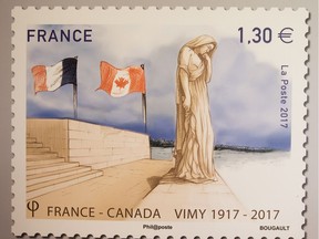 The La Poste of France commemorative stamp designed in honour of the 100-year anniversary of the Battle of Vimy Ridge.   Wayne Cuddington/Postmedia