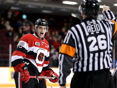 Travis Barron draws an additional unsportsmanlike penalty in the second period as the Ottawa 67's take on the Mississauga Steelheads in game 4 of Ontario Hockey League playoff action at TD Place Arena.