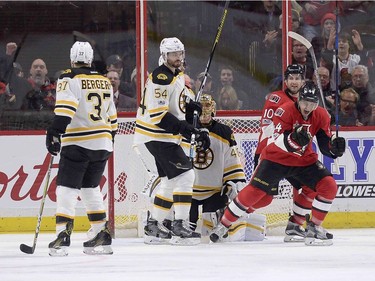Ottawa Senators' Jean-Gabriel Pageau (44) celebrates a goal on Boston Bruins goaltender Tuuka Rask (40) during first period NHL hockey action in Ottawa, Monday March 6, 2017.