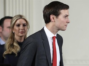 FILE - In this March 17, 2017, file photo, senior adviser Jared Kushner and his wife Ivanka Trump arrive for news conference with President Donald Trump and German Chancellor Angela Merkel in the East Room of the White House in Washington. Jared Kushner and Ivanka Trump can help shape foreign and domestic policies. They‚Äôve also built a business empire worth as much as $740 million that has ties around the world, newly released financial disclosures show. (AP Photo/Pablo Martinez Monsivais, fil