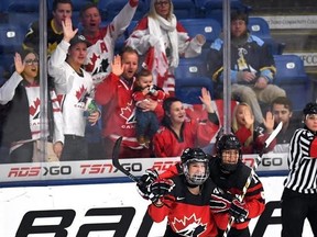 Canada&#039;s Sarah Potomak (left ) is congratulated by teammate Brianne Jenner after Potomak scored a first period goal against Finland during the IIHF Ice Hockey Women&#039;s World Championship semifinal game in Plymouth, Mich., on Thursday, April 6, 2017. THE CANADIAN PRESS/Jason Kryk