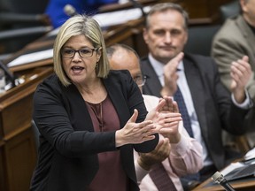 NDP leader, Andrea Horwath, questions the premier on the Liberal Ad campaign to cut hydro rates during question period at Queen's Park in Toronto, Ont. on Monday March 20, 2017.