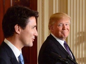 Prime Minister Justin Trudeau and U.S. President Donald Trump take part in a joint press conference at the White House in Washington, D.C., on February 13, 2017. The White House says U.S President Donald Trump has told both Prime Minister Justin Trudeau and Mexico&#039;s president that he has agreed not to terminate the North American Free Trade Agreement at this time. THE CANADIAN PRESS/Sean Kilpatrick